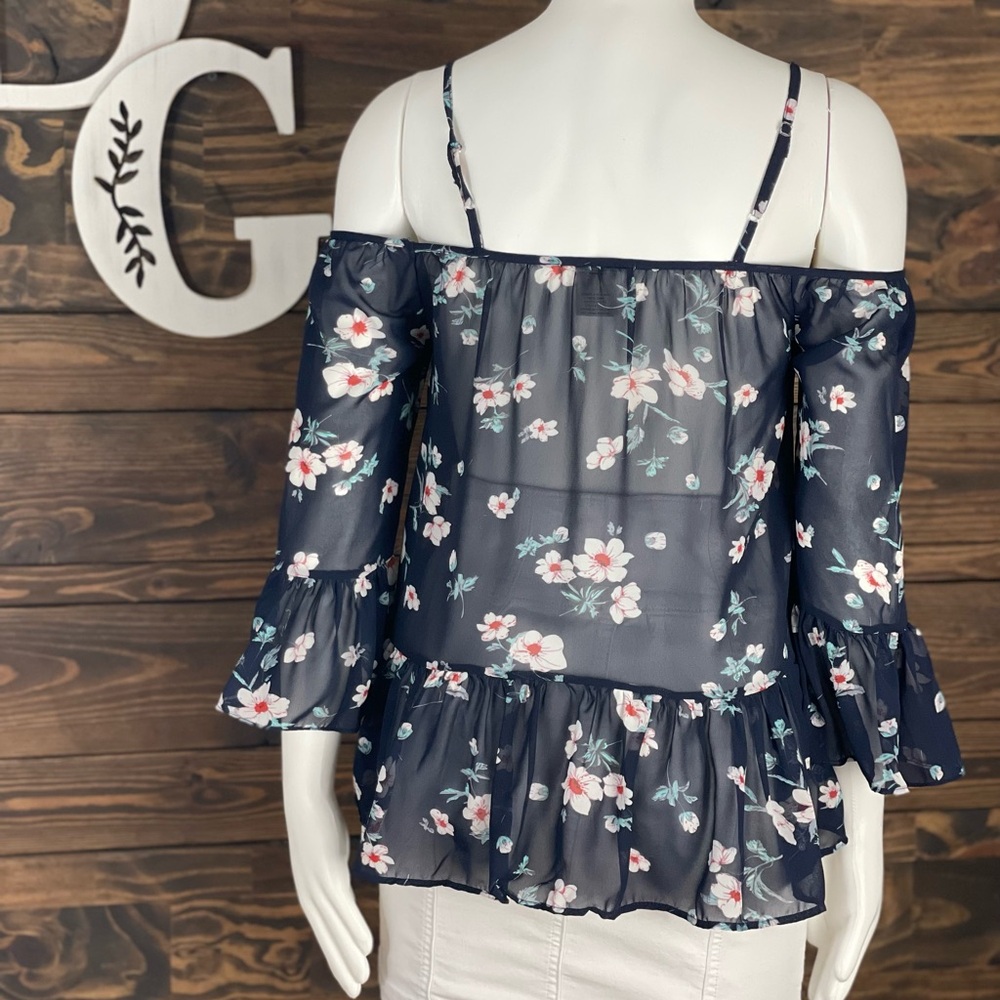 Passport | Sheer Floral Cold Shoulder Ruffle Blouse Peplum Babydoll Top - Picture 3 of 6